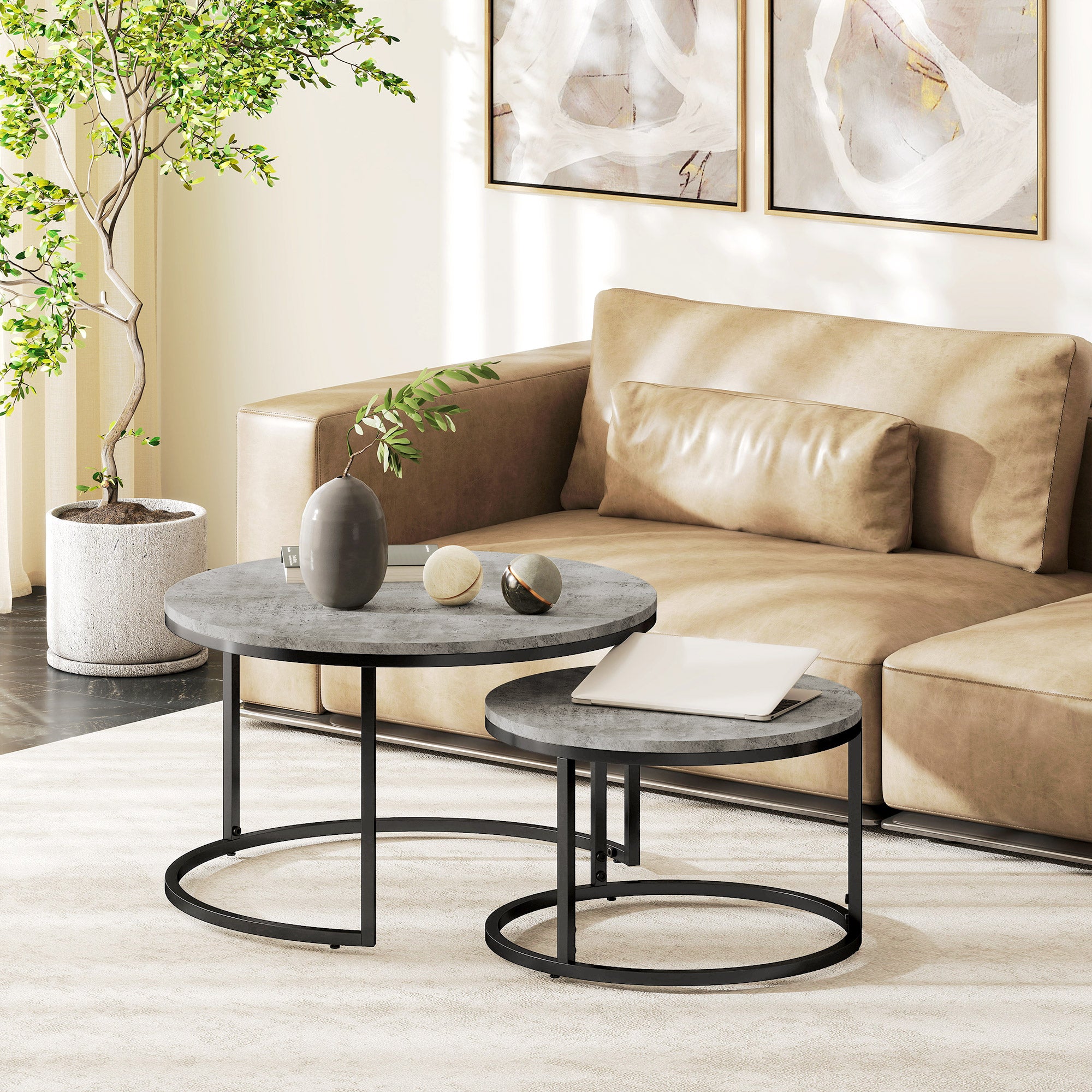HOMCOM Set of Two Marble-Effect Stacking Tables - Grey/Black